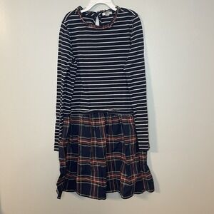 J crew Crewcuts Kids Girls Navy Ruffleneck Mixy Dress in Stewart Tartan‎ L 10-11